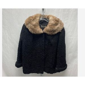 Vintage Annis Furs Women's Black Curly Lamb w Brown Mink Collar